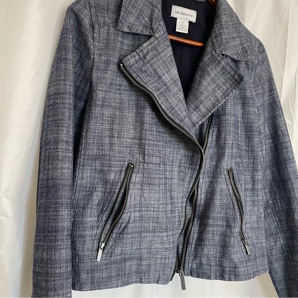 LIZ CLAIBORNE Women’s Blue Lined Moto Zip Up Cropped Jacket Size Medium - Picture 2 of 16
